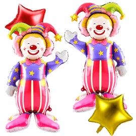 MiniInflat 2 Pcs 3D Self Standing Clown Balloons 60 Inch 2 Pcs Star 10 Inch Carnival Party Decorations Circus Clown Aluminum Foil Balloons for Carnival Birthday Themed Parties