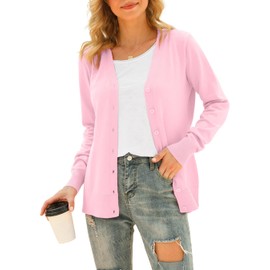 HAOMEILI Women's V Neck Button Down Knitwear Long Sleeve Soft Basic Knit Cardigan Sweater(XL Pink)