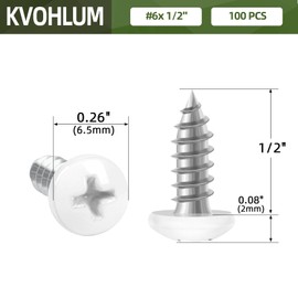 100 PCS #6 x 1/2" White Head Sheet Metal Screws, Pan Head Phillips Fast Self Tapping Screws, Round Head Wood Screws, Screwdriver Bit Included