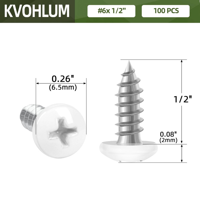 100 PCS #6 x 1/2" White Head Sheet Metal Screws,
