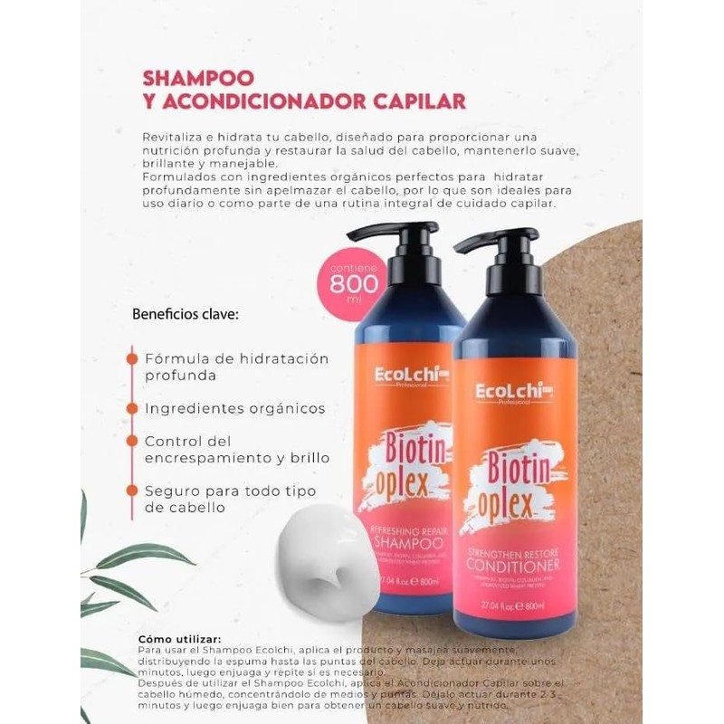 EcoLchi Biotin Oplex Shampoo Capilar Orgánico, Fórmula de Hidratación Profunda,