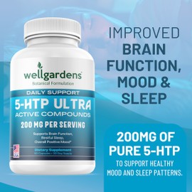 100% Pure 200 MG 5-HTP Ultra for Healthy Sleep and Sense of Wellbeing - Support Mood, Stress, Sleep - 5HTP Supplement with Calcium - 60 5HTP 200mg Capsules, 30 Servings