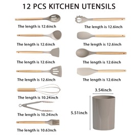 Silicone Cooking Utensil Set,12 PCS Cooking Cookware Kitchen Utensils Set, Nonstick 446°F Heat-Resistant Cookware Kitchen Tools of Spatula,Turner Tongs,Spoon,Brush,Whisk, (khaki)