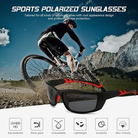 SUNGAIT Sunglasses Exercise Polarized Wrap Around Men's: Women's, Sports, Baseball, Fishing, Hiking, TR90 Unbreakable Shade, Black Red Frame/Polarized Grey Lens