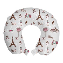 Ambesonne Paris Travel Pillow Neck Rest, Romance Language Capital of Love Eiffel Heart Fashion City Girlish Print, Memory Foam Traveling Accessory for Airplane and Car, 12", Redwood Pearl Pink