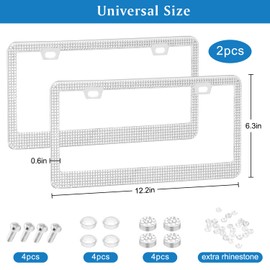 2 Pack Bling License Plate Frames HADEEONG Rhinestone License Plate Holder Crystal License Plate Protectors with Screw Set for Men Women Cars Automotive Accessories (Wide Edge White)