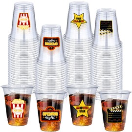 meekoo 100 Pcs Movie Night Cups 12 oz Movie Night Party Supplies Favors Clear Plastic Cinema Cups for Movie Night Theme Party Birthday Decorations