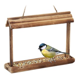 Relaxdays Wooden Bird Feeder for Hanging, HBD: 23.5 x 32 x 7.5 cm, Garden, Bird Feeder for Small Birds, Brown