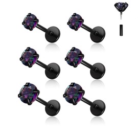 6PCS Titanium Internal Thread Cubic Zirconia Labret Stud-16G Helix Tragus Cartilage Earring for Helix, Tragus, Conch, Nose, Lip, Medusa -body Jewelry for Woman Man (black, 3 pairs 16G-6/7/8 bar)