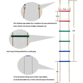 Wooden Climbing Rope Ladder for Kids: 6 - Foot - Long, 14 - inch - Wide, Sturdy, Durable, for Indoor/Outdoor Use, Good for Health, a Fantastic Gift (One Multicolored Set)