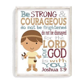 David and Goliath Biblical Superhero Christian Nursery Decor Unframed Print - Be Strong and Courageous Joshua 1:9