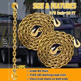 SENKEYFE Transport Binder Chain G80-3/8 Inch×10 Foot Trailer Safety Chain Wll 7100 Lbs Working Load for Towing Lifting Log Chain with Clevis Grab Hooks Tow Truck Equipment for Tie Down (Pack of 2)