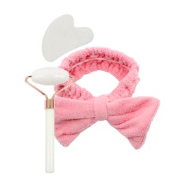 Earth & I White Jade Facial Tools with Fuzzy Headband, Gua Sha, Jade Roller for Face, Soft Headband, Lymphatic Drainage Massager Face, Guasha, Face Roller, 3 Piece Set