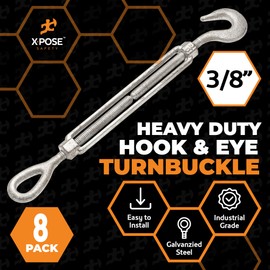 Xpose Safety 3/8" Hook and Eye Turnbuckle - Heavy Duty Galvanized Steel Turn Buckles - Turn Buckle Tensioner for Cables, Tension Wire, Rope, Shade - Adjustable Turnbuckle Hook and Eye 8 Pack