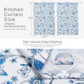 Vimorco Kitchen Curtains Blue Flowe, White Kitchen Window Curtains Over Sink, Polyester, Waterproof, Small Window Curtains 2 Panels Sets for Farmhouse, Cafe, Door, Bedroom, Bathroom, 39" L X 27.5" W