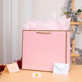 13" Large Gift Bag, 1PCS Gift Bags Large with Ribbon and 1 Greeting Cards 3 Tissue Paper, Gift Bags with Handles for Women or Girls for Celebrating Birthdays, Valentine's Day, Wedding Party, Anniversaries, Mother's Day (Pink gold border)