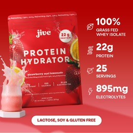 Jive Clear Protein Powder - 22g Grass-Fed Whey Isolate, 25 Servings - Strawberry Acai Lemonade - 895mg of Electrolytes - Zero Added Sugar - Clear Drink Protein Water & Juice