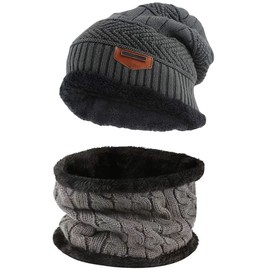 Aufondof 2-Pieces Winter Warm Knit Beanie Hat Neck Warmer Scarf with Thick Fleece Lining Winter Cap Scarves for Men and Women