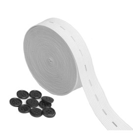 15 Yards 3/4" White Button Hole Elastic Band with 10 Black Resin Buttons Heavy Duty Adjustable