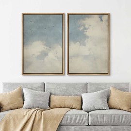 SIGNLEADER Framed Canvas Print Wall Art Set Soft Blue Sky with Birds Ethereal Cloudscape Illustrations Modern Relax/Calm for Living Room, Bedroom, Office - 24"x36"x2 NATURAL