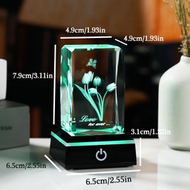 Crystal 3D Tulip with Butterfly Figurine Gifts for Women Wife Engraved Flowers Keepsake with LED Base for Birthday Mother's Day, Glass Floral Ornaments for Her Girlfriend Christmas