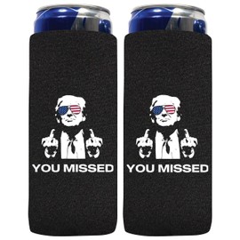QualityPerfection Slim Can Cooler Sleeves, (Set of 2) Beer/Energy Drink 12 oz Neoprene, Thermocoolers for Beverage - Set of 2, You Missed Trump - Black