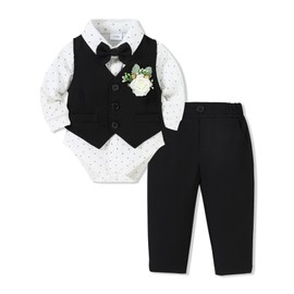 SANMIO Baby Boy Clothes Suits Infant Gentleman Outfit Collared Dress Shirt+Vest+Tie+Corsage+Pants 5Pcs Baby Suit Sets Black
