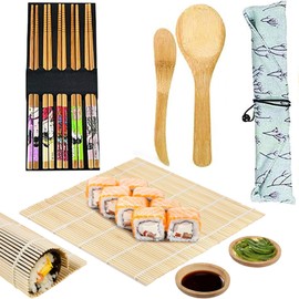 10Pcs Sushi Making Kit, Bamboo Sushi Rolling Mat, Includes 2 Rolling Mats, 5 Pairs Chopsticks, Paddle, Spreader, Sushi Maker Kit, Suitable Beginner and Experienced