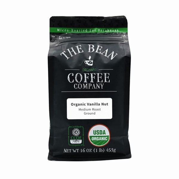 The Bean Organic Coffee Company, Organic Vanilla Nut, Medium Roast Coffee Beans, Ground Coffee, 16 Oz, 1 Bag, Certified Organic, Roasted in the USA