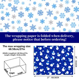 Bolsome Reversible Xmas Cute Snowman Snowflake Design Gift Wrap Paper Double sided Blue Christmas Snowman Wrapping Paper for Xmas Gift Wrap and Craft,19.7 x 27.6 Inch,12 Sheet