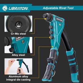LIBRATON Heavy-Duty Rivet Gun, Pop Rivet Gun Set, Professional Hand Riveter, Manual Riveting Tool with 160 Aluminum Rivets, Includes 4 Drill Bits, 4 Tool-Free Interchangeable Nozzles, Storage Case
