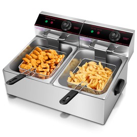 Giantex 3400W Commercial Deep Fryer Dual Tank, 12.8QT Stainless Steel Electric Deep Fryer with 2 Baskets, Lids and Temperature Control for French Fries Turkey Chicken Restaurant Home Kitchen