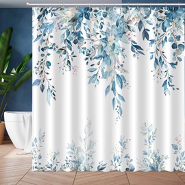 JWXCBIM Blue Eucalyptus Leaves Shower Curtain, Aesthetic Art Watercolor Plant Floral Leaf Bathroom Decor, Waterproof Fabric Shower Curtain Set with Hooks 72x72 Inches