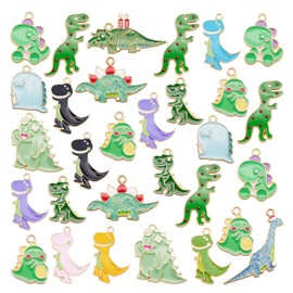 Julie Wang 32pcs Mixed Enamel Dinosaur Charm Animal Kids Pendant for Necklace Earring Bracelet Making Bulk Lot Craft DIY Findings