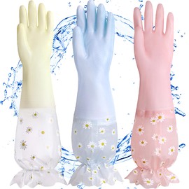PVC Washing Gloves with Latex-Free, Long Cuffs, Cotton Lining, Cleaning Gloves, for Kitchen, Plates, Cleaning, Laundry, Garden Glove, 3 Pairs (Yellow + Pink + Blue)