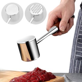 Professional Meat Tenderizer Hammer Stainless Steel, Heavy Duty Double Sided Meat Tenderiser Mallet with Anti-Slip Wooden Handle, Metal Meat Tenderiser Pounder Mallet Kitchen Tool Dishwasher Safe