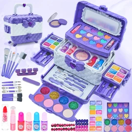Children's Make-Up Set Girls Vanity Case Girls – 57 Pieces Washable Make-Up Set Girls Toy Princess Christmas Birthday Gifts for Girls 4–5–6–7–8–9–10–11–12 Years Purple