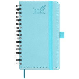 BEZEND Pocket Calendar 2026 Planner Weekly and Monthly, Ruled Daily, 3.5" x 6" Small Size for Purse (Jan-Dec) Notes & Expenses, Inner Pocket, Pen Holder, Spiral Vegan Leather Softcover - Sky Blue
