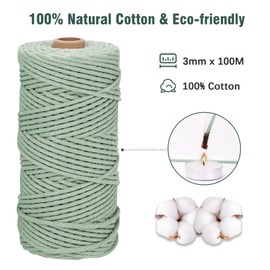 PUWOWYE 3 Pieces Macrame Yarn 3 mm, Macrame Yarn Set Green, Macrame Cotton Yarn 3 mm, Cotton Cord Natural 3 mm, Cotton Craft Cord for Crafts, Knitting, Boho Decoration, DIY Crafts, 3 x 100 m