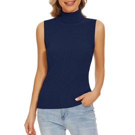 Biffxeu - Chaleco de cuello alto sin mangas para mujer, ligero, de punto, elástico, cuello alto, marino, Large