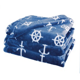 Delindo Lifestyle Nautic Blue Microfibre Fleece Blanket 150 x 200 cm Fluffy Soft Maritime Blanket for Adults and Children