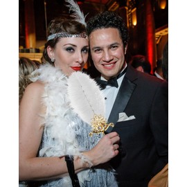 Vijiv Ostrich Feather Fan Bridesmaids Hand Fans for Wedding Guests Bouquets Bride Great Gatsby 1920s Flapper Accessories Chic Art Deco Groom Feathers Boutonniere White