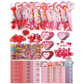 Valentine Gifts for Kids School, 28 Packs Stationery Set from Teachers to Students, Valentines Kids Gift Set Cards with Stickers, Pencils, Erasers, Valentine's Day Classroom Exchange Party Favor Toy