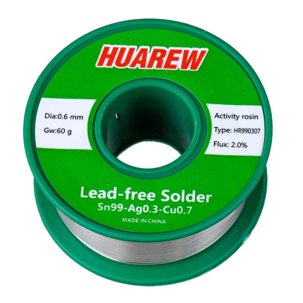 HUAREW HR990307 Sn 99-Ag 0.3-Cu 0.7 Lead-Free Solder Wire with Rosin core (0.6mm, 60g)