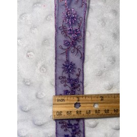 Unbranded 3 yards purple organza embroidered sewing dress trim sequins red bead 1.25" wide