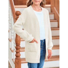 Girls Long Sleeve Cardigan Casual Open Front Lantern Sleeve Smoke Cuff Knit Sweater with Pockets for Kids 5-14 Years Beige