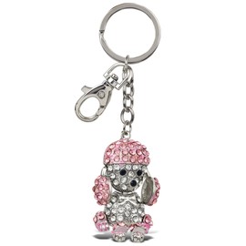 Aqua79 Cute Pink Poodle Dog Keychain - Silver 3D Sparkling Charm Rhinestones Fashionable Stylish Metal Alloy Durable Key Ring Bling Crystal Jewelry Accessory with Clasp