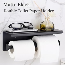 Double Toilet Paper Holder with Shelf,NSCMQSL Bathroom 2 Rolls Holder,SUS304 Stainless Steel Toilet Paper Holder Storage Dispenser, Wall Mount Paper Rack(Black)