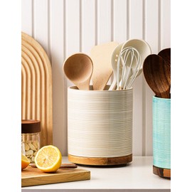 MIKIGEY Utensil Holder, 360° Large Ceramic Kitchen Utensil Holder for Countertop, Cooking Utensil Crocks for Kitchen Counter with Rotatable Wooden Base, Farmhouse Kitchen Decor, Arctic White