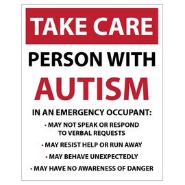 Large TAKE Care Person with Autism, EmergencySafety car Van Bike Sticker Decal